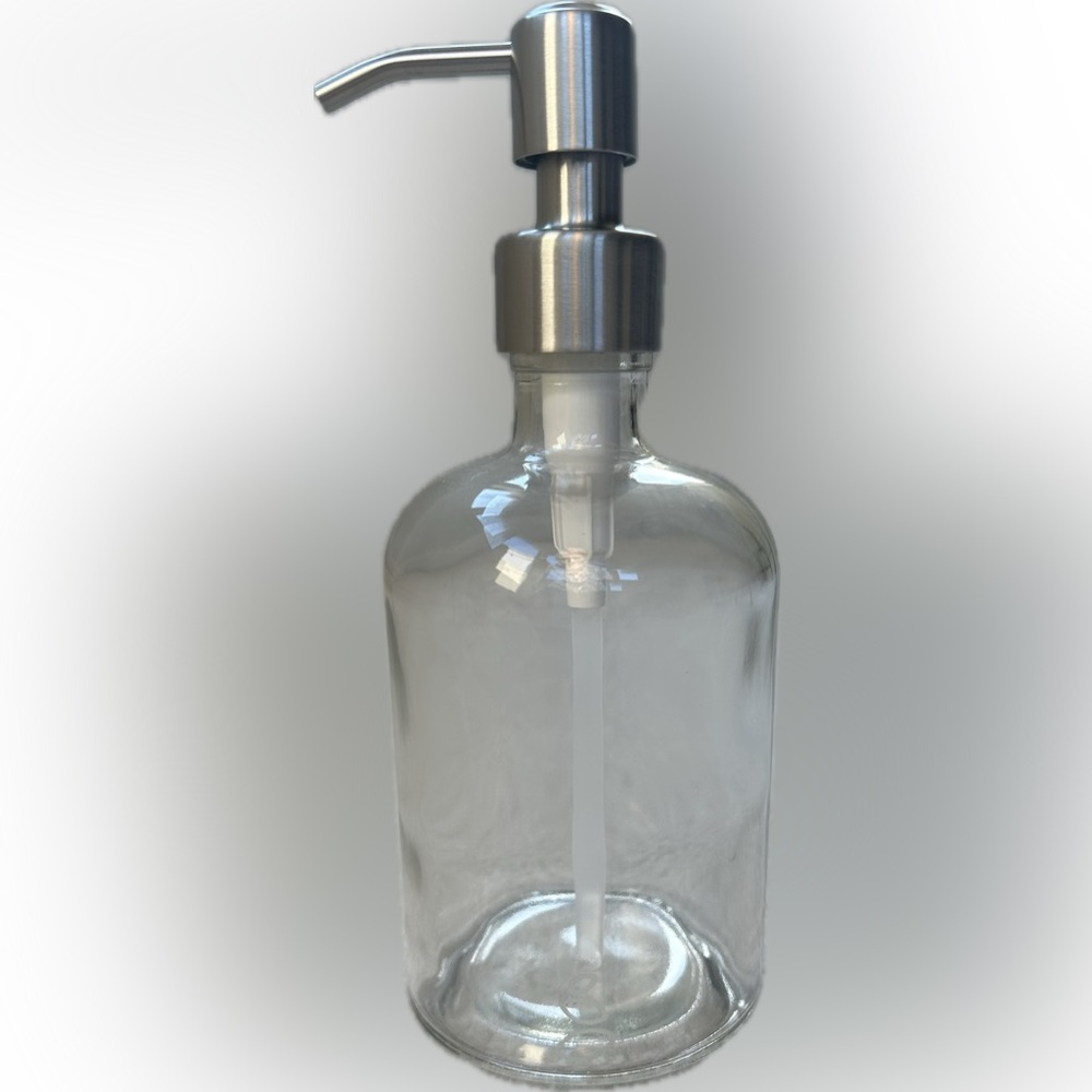 CLEAR GLASS SOAP DISPENSER WITH BRUSHED SILVER PUMP GROVE REUSABLE HAND DISH b